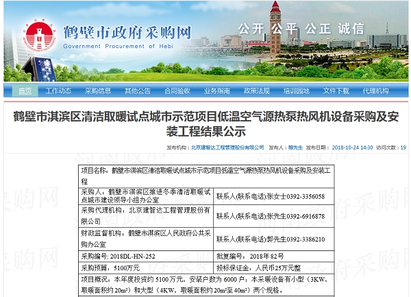 河南鶴壁6000戶(hù)“煤改電”熱風(fēng)機招標結果出爐，紐恩泰空氣能中標