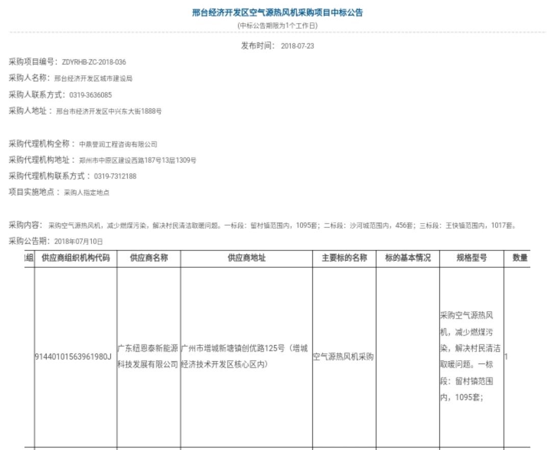 紐恩泰中標邢臺經(jīng)濟開(kāi)發(fā)區空氣能熱風(fēng)機采購項目