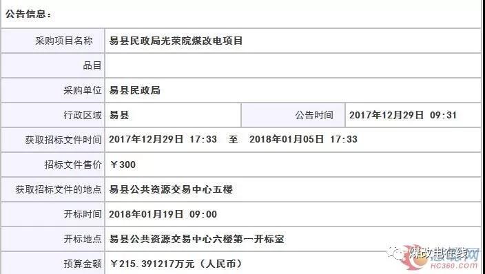 河北易縣民政局光榮院“煤改電”項目招標公告